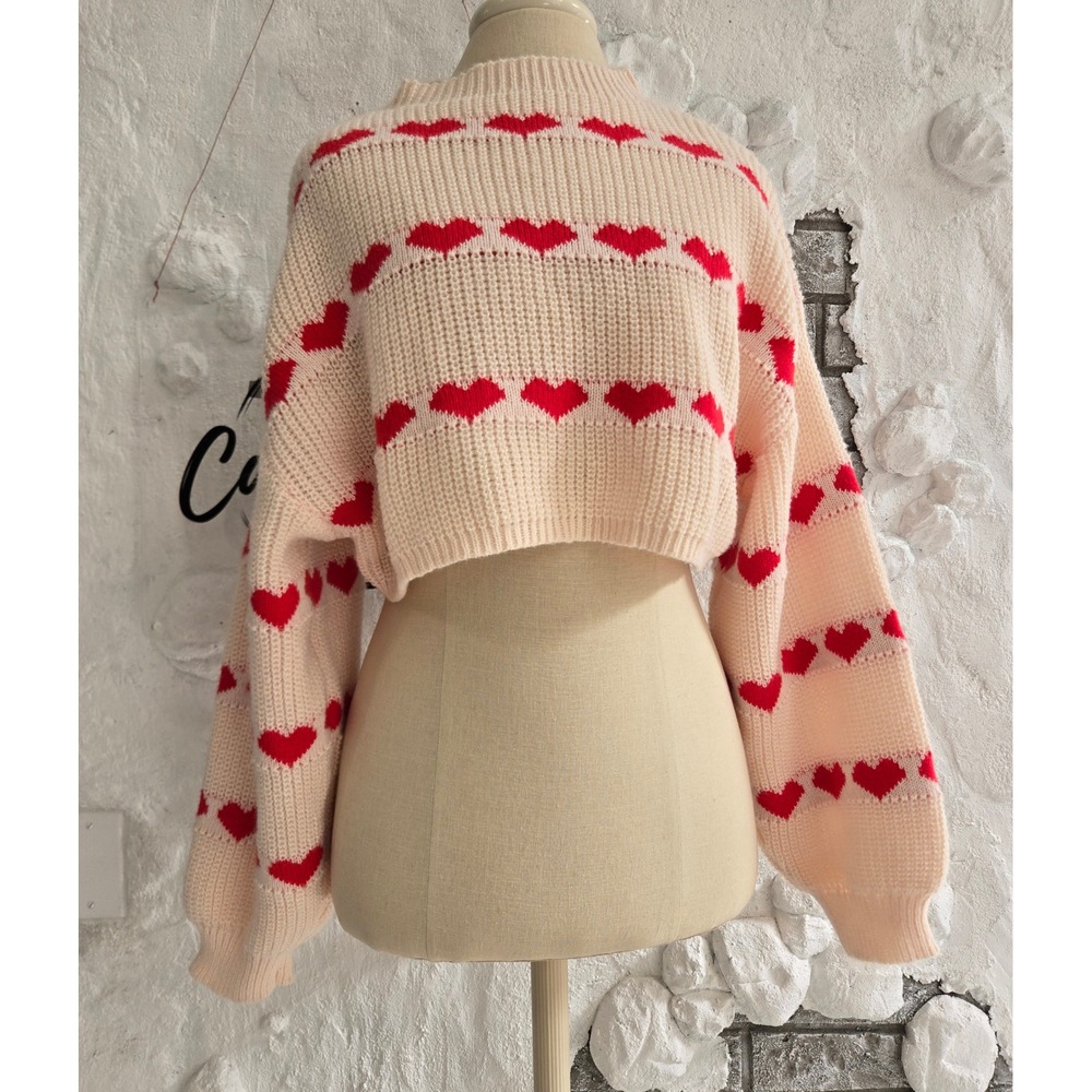 Pink Cream Red Heart Print Cropped Chunky Knit Sweater Balloon Sleeve Womens